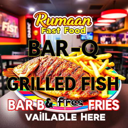 A vibrant and eye-catching menu board showcasing a delicious Bar B Q Grilled Fish dish accompanied by crispy fries