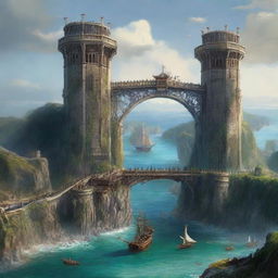 A high-quality digital art image, showcasing two kingdoms on an island surrounded by the sea