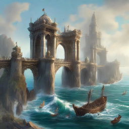 A high-quality digital art image, showcasing two kingdoms on an island surrounded by the sea