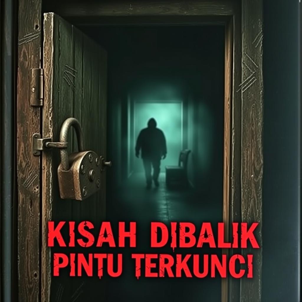 A mysterious horror book cover featuring an old, weathered wooden door with rusty metal hinges and a large ancient padlock