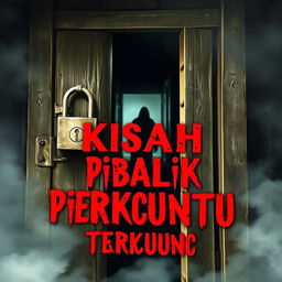 A mysterious horror book cover featuring an old, weathered wooden door with rusty metal hinges and a large ancient padlock