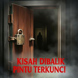 A mysterious horror book cover featuring an old, weathered wooden door with rusty metal hinges and a large ancient padlock