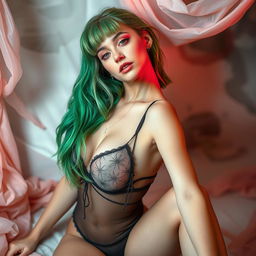 A model inspired by the style of Billie Eilish, with striking green hair and a soft, ethereal atmosphere