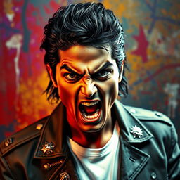 A powerful portrait of Michael Jackson expressing anger, showcasing his iconic hairstyle and facial features