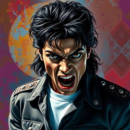 A powerful portrait of Michael Jackson expressing anger, showcasing his iconic hairstyle and facial features
