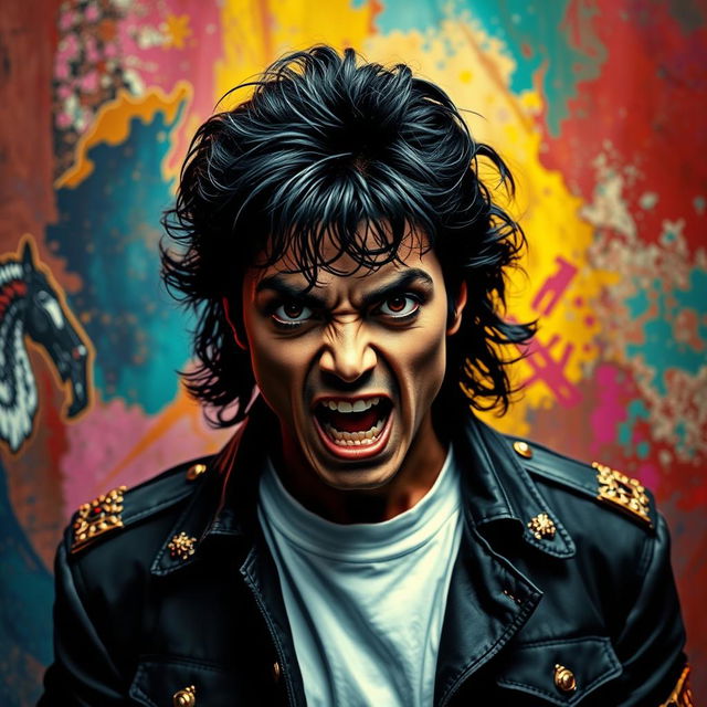 A powerful portrait of Michael Jackson expressing anger, showcasing his iconic hairstyle and facial features