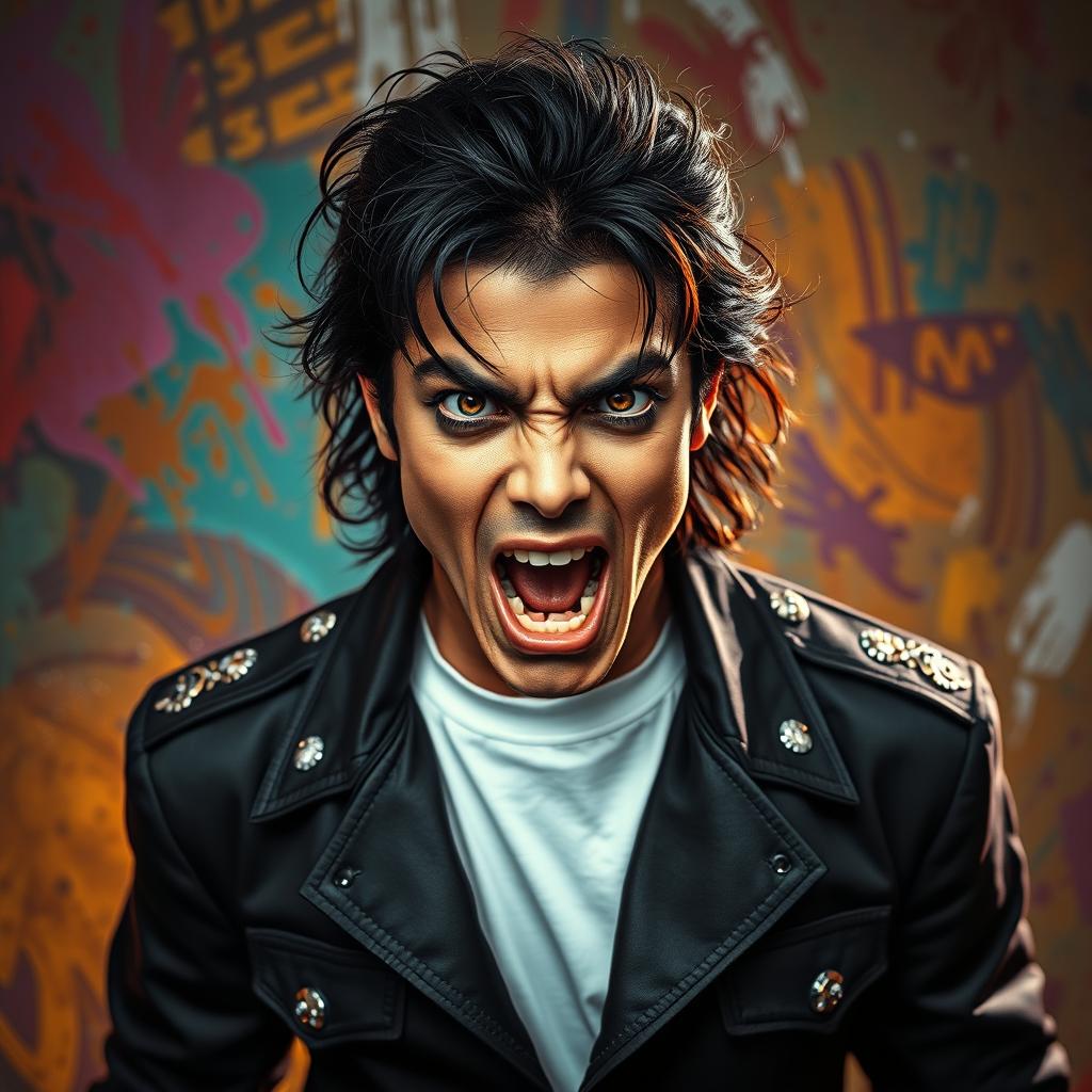 A powerful portrait of Michael Jackson expressing anger, showcasing his iconic hairstyle and facial features