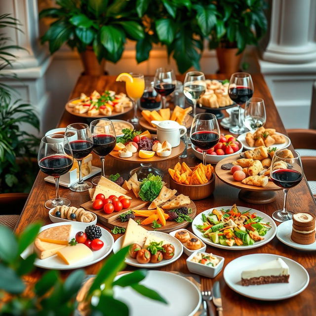 A beautifully arranged table featuring an array of gourmet food and drinks