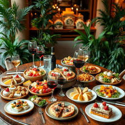 A beautifully arranged table featuring an array of gourmet food and drinks