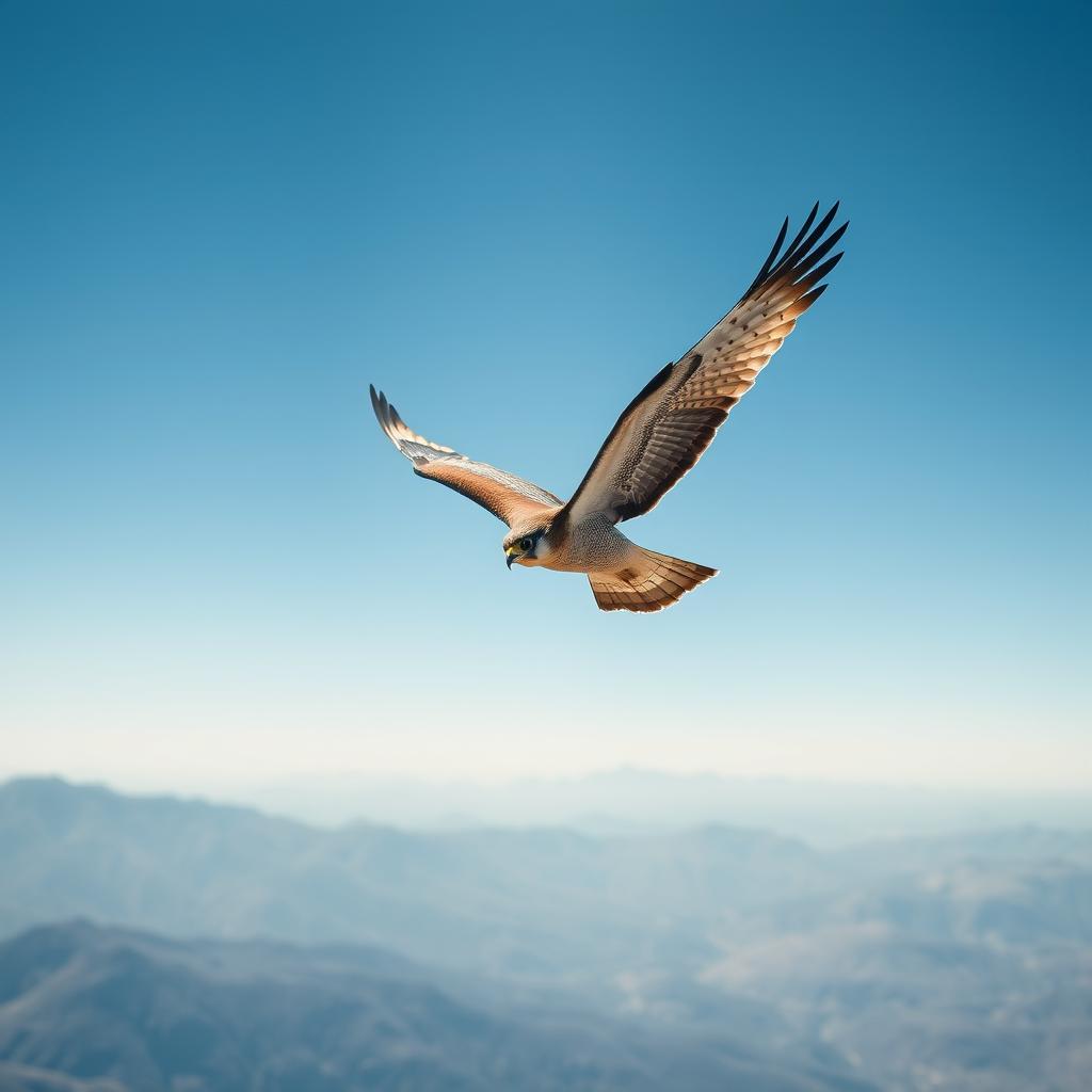 A majestic falcon soaring gracefully through a clear blue sky, showcasing its powerful wings spread wide