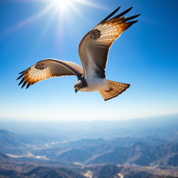 A majestic falcon soaring gracefully through a clear blue sky, showcasing its powerful wings spread wide