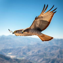 A majestic falcon soaring gracefully through a clear blue sky, showcasing its powerful wings spread wide