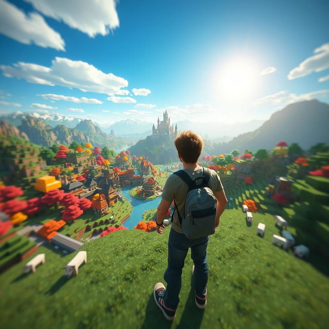 A first-person perspective of a man experiencing a vibrant Minecraft world filled with blocky landscapes, colorful trees, and pixelated mountains under a bright blue sky