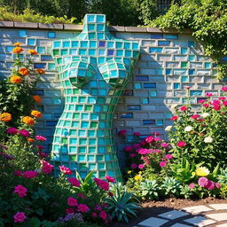 A beautifully designed garden featuring a wall shaped like a human body, constructed from stunning glass bricks
