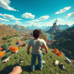 A first-person perspective of a man experiencing a vibrant Minecraft world filled with blocky landscapes, colorful trees, and pixelated mountains under a bright blue sky