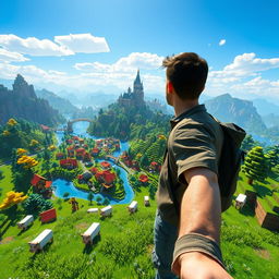 A first-person perspective of a man experiencing a vibrant Minecraft world filled with blocky landscapes, colorful trees, and pixelated mountains under a bright blue sky