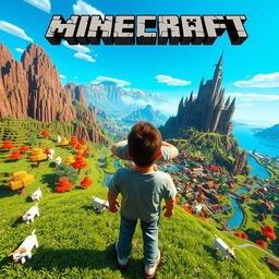 A first-person perspective of a man experiencing a vibrant Minecraft world filled with blocky landscapes, colorful trees, and pixelated mountains under a bright blue sky