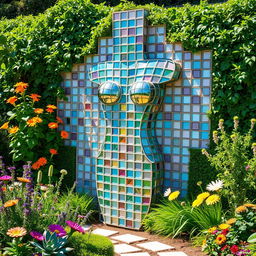 A beautifully designed garden featuring a wall shaped like a human body, constructed from stunning glass bricks