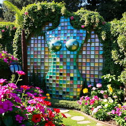 A beautifully designed garden featuring a wall shaped like a human body, constructed from stunning glass bricks
