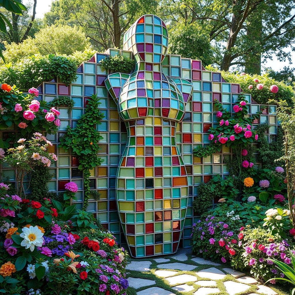 A beautifully designed garden featuring a wall shaped like a human body, constructed from stunning glass bricks