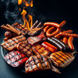 A hyper-realistic image of a delicious selection of grilled meats including pork ribs, beef ribs, pork chops, beef chops, chorizo, chistorra, grilling sausages, and roasted fish, all artfully arranged