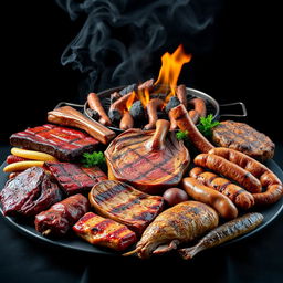 A hyper-realistic image of a delicious selection of grilled meats including pork ribs, beef ribs, pork chops, beef chops, chorizo, chistorra, grilling sausages, and roasted fish, all artfully arranged