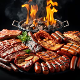 A hyper-realistic image of a delicious selection of grilled meats including pork ribs, beef ribs, pork chops, beef chops, chorizo, chistorra, grilling sausages, and roasted fish, all artfully arranged