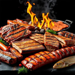A hyper-realistic image of a delicious selection of grilled meats including pork ribs, beef ribs, pork chops, beef chops, chorizo, chistorra, grilling sausages, and roasted fish, all artfully arranged