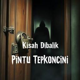 A mysterious horror book cover featuring an old, worn wooden door with rusty metal hinges and a large antique padlock