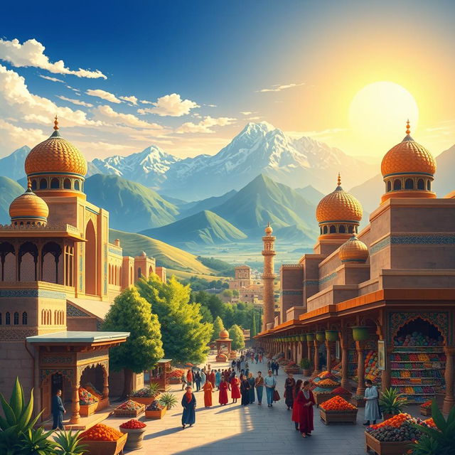 A vivid illustration showcasing the beautiful landscape and cultural heritage of Iran, featuring the iconic architecture of ancient Persian palaces, vibrant bazaars filled with colorful spices and textiles, and the majestic mountains in the background