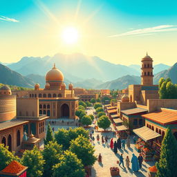 A vivid illustration showcasing the beautiful landscape and cultural heritage of Iran, featuring the iconic architecture of ancient Persian palaces, vibrant bazaars filled with colorful spices and textiles, and the majestic mountains in the background