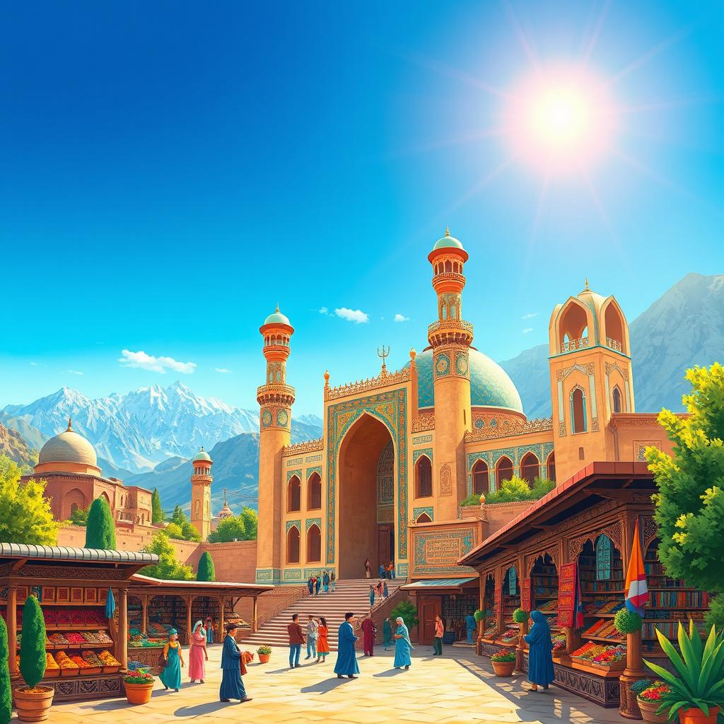 A vivid illustration showcasing the beautiful landscape and cultural heritage of Iran, featuring the iconic architecture of ancient Persian palaces, vibrant bazaars filled with colorful spices and textiles, and the majestic mountains in the background