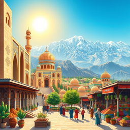 A vivid illustration showcasing the beautiful landscape and cultural heritage of Iran, featuring the iconic architecture of ancient Persian palaces, vibrant bazaars filled with colorful spices and textiles, and the majestic mountains in the background