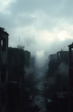 A post-apocalyptic cityscape with crumbling buildings overtaken by nature, eerie fog rolling through the streets, and silhouettes of twisted metal and broken glass