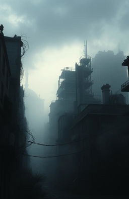 A post-apocalyptic cityscape with crumbling buildings overtaken by nature, eerie fog rolling through the streets, and silhouettes of twisted metal and broken glass