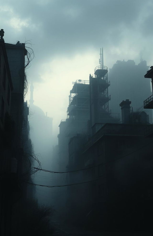 A post-apocalyptic cityscape with crumbling buildings overtaken by nature, eerie fog rolling through the streets, and silhouettes of twisted metal and broken glass