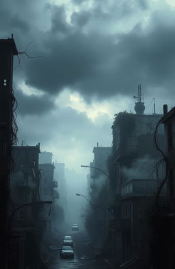 A post-apocalyptic cityscape with crumbling buildings overtaken by nature, eerie fog rolling through the streets, and silhouettes of twisted metal and broken glass