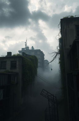 A post-apocalyptic cityscape with crumbling buildings overtaken by nature, eerie fog rolling through the streets, and silhouettes of twisted metal and broken glass