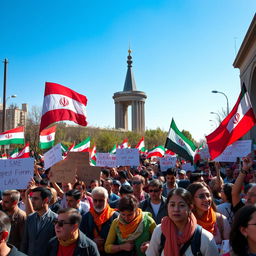 A vibrant street scene in Tehran with people peacefully protesting for freedom, holding colorful banners and flags representing their hopes and dreams