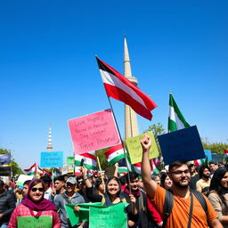A vibrant street scene in Tehran with people peacefully protesting for freedom, holding colorful banners and flags representing their hopes and dreams