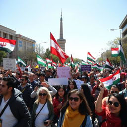 A vibrant street scene in Tehran with people peacefully protesting for freedom, holding colorful banners and flags representing their hopes and dreams