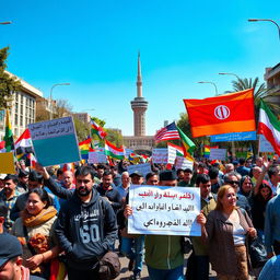 A vibrant street scene in Tehran with people peacefully protesting for freedom, holding colorful banners and flags representing their hopes and dreams