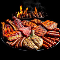 A hyper-realistic image featuring a sumptuous display of grilled meats including pork ribs, beef ribs, pork chops, beef chops, chorizo, chistorra, and grilling sausages, along with roasted fish