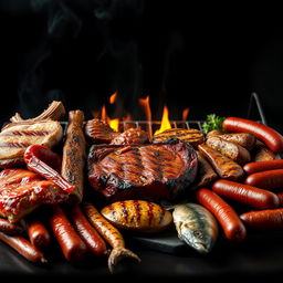 A hyper-realistic image featuring a sumptuous display of grilled meats including pork ribs, beef ribs, pork chops, beef chops, chorizo, chistorra, and grilling sausages, along with roasted fish