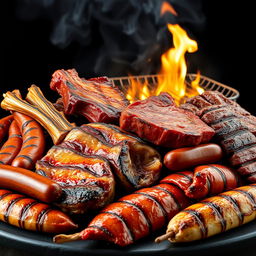 A hyper-realistic image featuring a sumptuous display of grilled meats including pork ribs, beef ribs, pork chops, beef chops, chorizo, chistorra, and grilling sausages, along with roasted fish