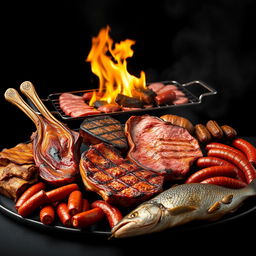 A hyper-realistic image featuring a sumptuous display of grilled meats including pork ribs, beef ribs, pork chops, beef chops, chorizo, chistorra, and grilling sausages, along with roasted fish