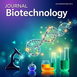 A visually captivating cover for a biotechnology journal, featuring an intricate illustration of a DNA double helix intertwined with vibrant, glowing cellular structures
