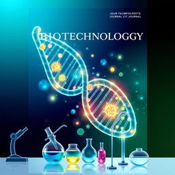 A visually captivating cover for a biotechnology journal, featuring an intricate illustration of a DNA double helix intertwined with vibrant, glowing cellular structures