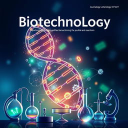 A visually captivating cover for a biotechnology journal, featuring an intricate illustration of a DNA double helix intertwined with vibrant, glowing cellular structures