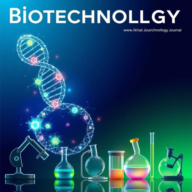 A visually captivating cover for a biotechnology journal, featuring an intricate illustration of a DNA double helix intertwined with vibrant, glowing cellular structures